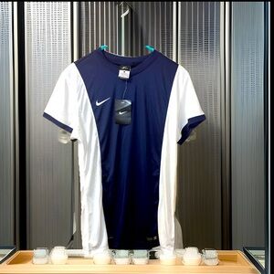 Nike Womens DriFIT Jersey Navy Blue & White Short Sleeve Rib Knit V-Neck T-Shirt